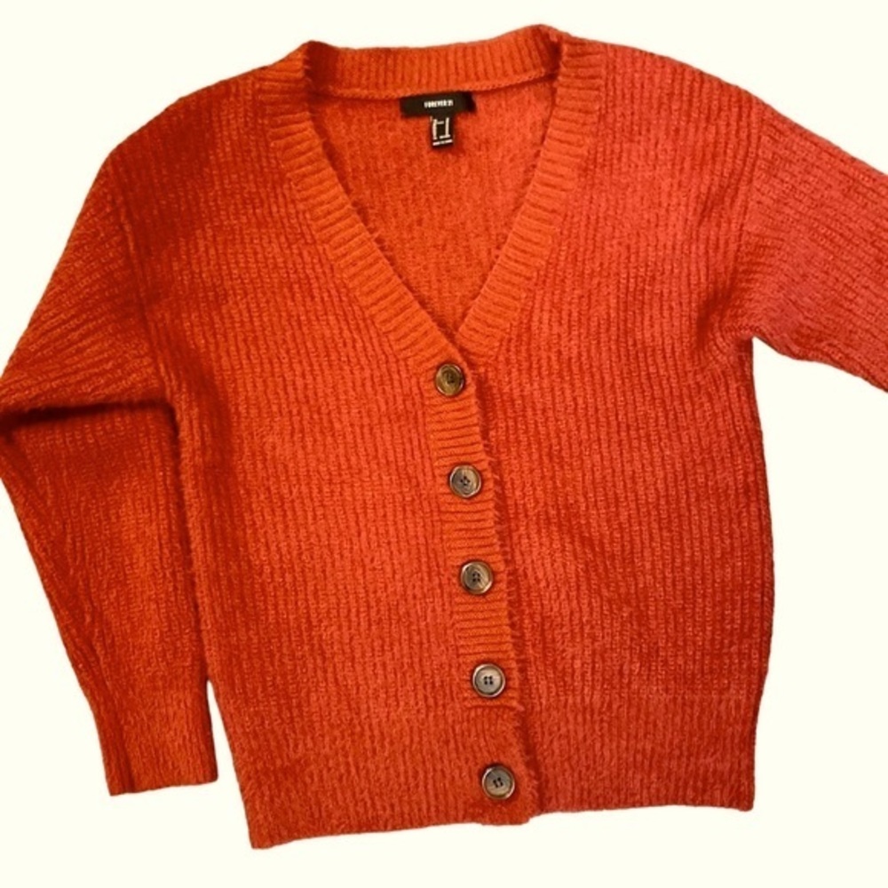 Forever 21 Sweater Womens Red Cardigan Button V Neck Fuzzy Warm Casual |…
